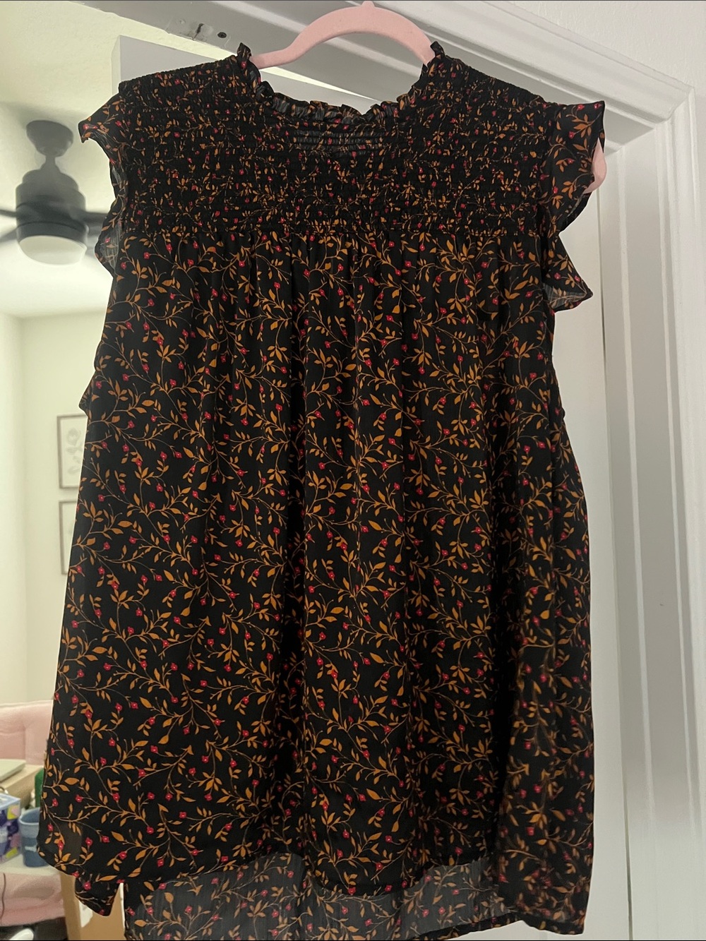 Old Navy Black Floral Smocked Camisole with Orange and Pink Print